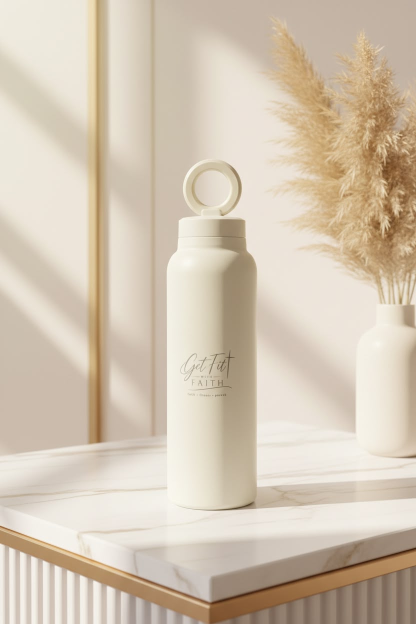 White bottle lifestyle shot on marble with pampas grass