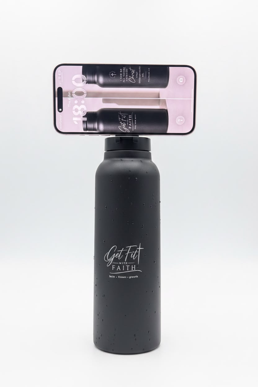 Black bottle with phone mount lid, Get Fit with Faith